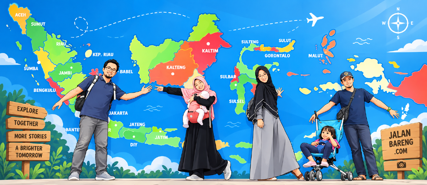 Ilustrasi keluarga JalanBareng di depan peta Indonesia dengan rute perjalanan